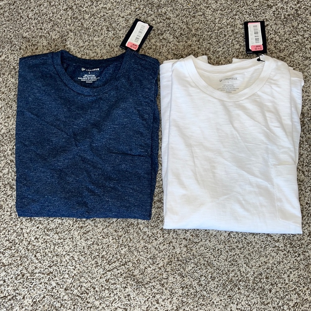 NWT 2 men's Cremieux round neck tshirts - size L; white and blue